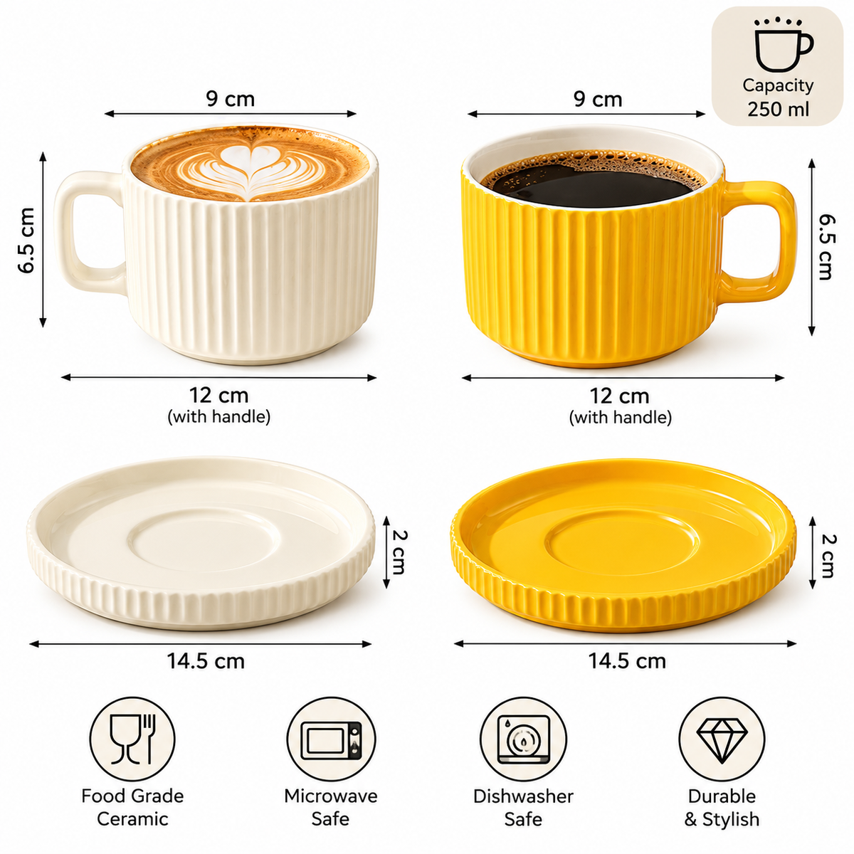 8pcs Ceramic Ribbed Coffee Cup With Saucer Set, Fluted Ceramic Mug with Matching Saucer, Vintage Fluted Cup And Saucer Set