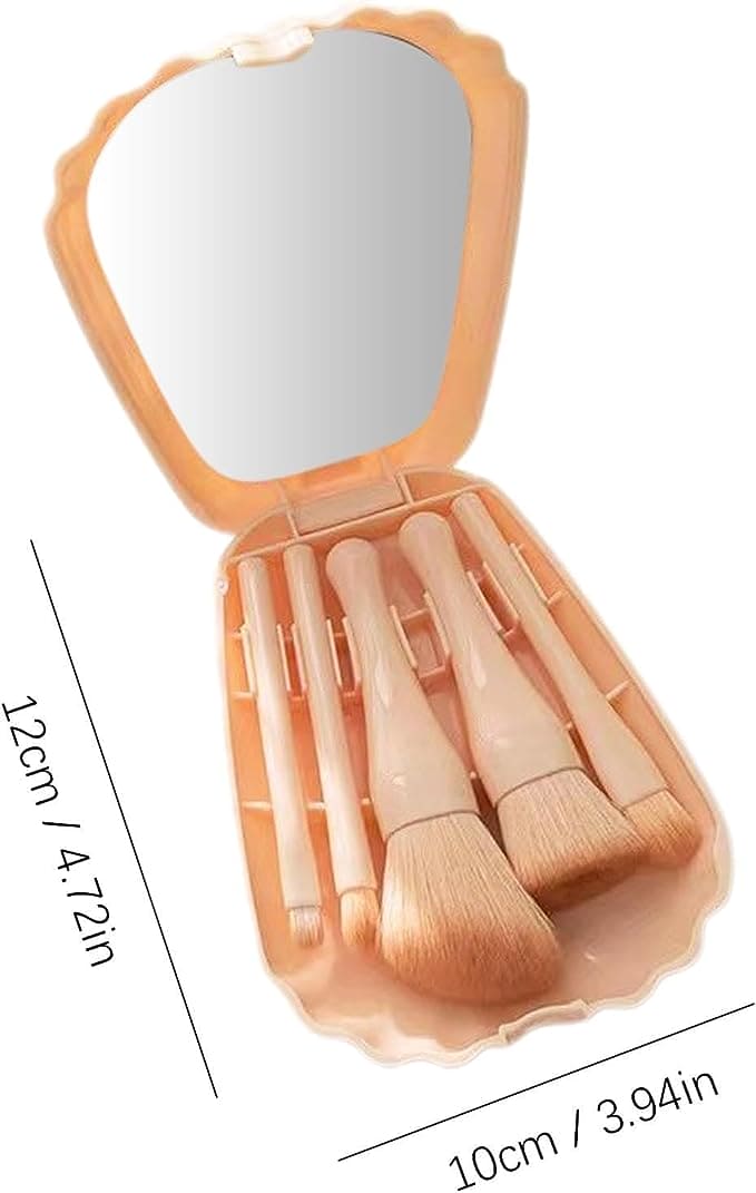 Shell Makeup Brush Set With Mirror, Eyeshadow Highlighter Foundation Brush Beauty Tool, Portable Shell Shaped Mirror Case Brush Set, Convenient Small Portable Makeup Tool for Travel, Cosmetic Brushes Kit with Mirror Case