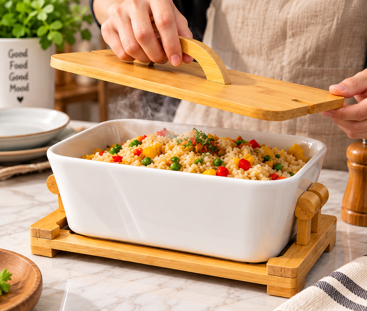 Ceramic Hot Pot Serving Dish with Wooden Stand, Dining Serving Dish with Wooden Lid, Food Warmer Serving Dish with Bamboo Stand