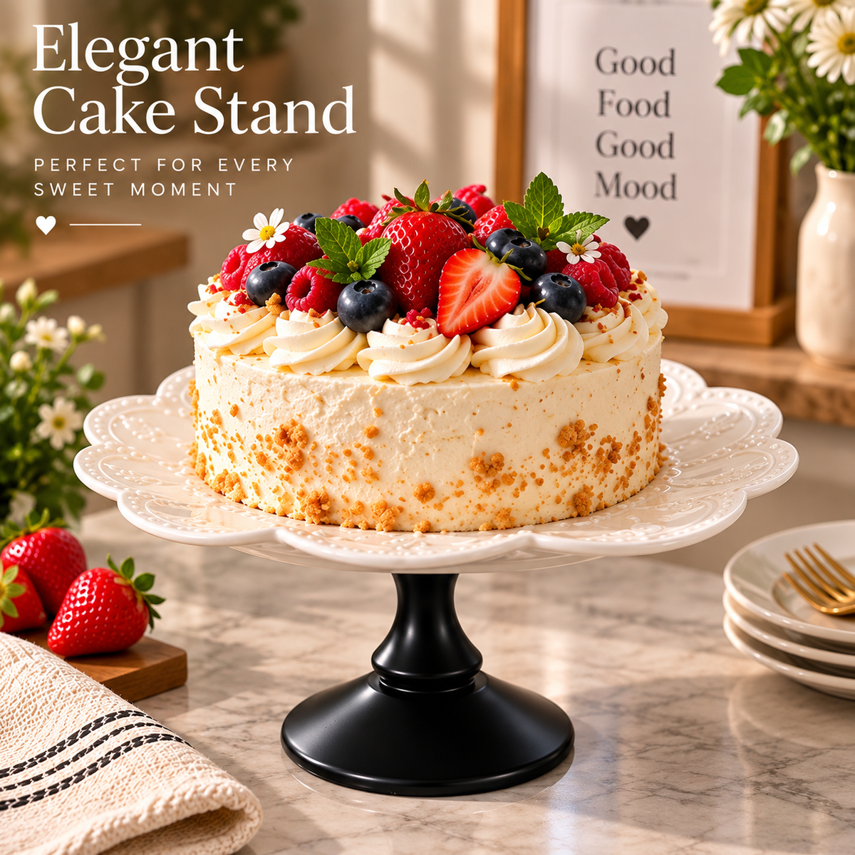 Elegant Floral Ceramic Cake Stand, Dessert And Cupcake Serving Display with Pedestal Stand, Decorative Cake Serving Stand