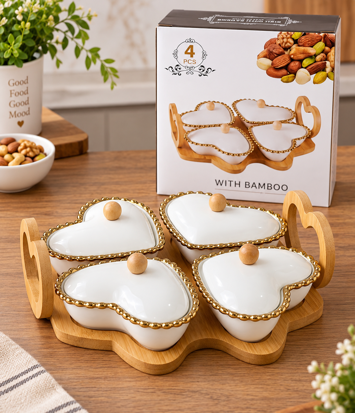 Heart Shaped Ceramic Serving Bowl Set, Elegant Gold-Trim Heart Bowl Set, Bamboo Heart Serving Tray with Ceramic Bowls