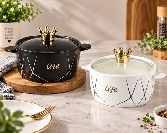 Royal Crown Ceramic Cooking Pot, Luxury Crown Lid Ceramic Pot, Elegant Ceramic Cooking & Serving Pot